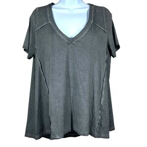 POL V-Neck Short Sleeve Flowy T-Shirt Womens M Gray Oversized Lagenlook Boho